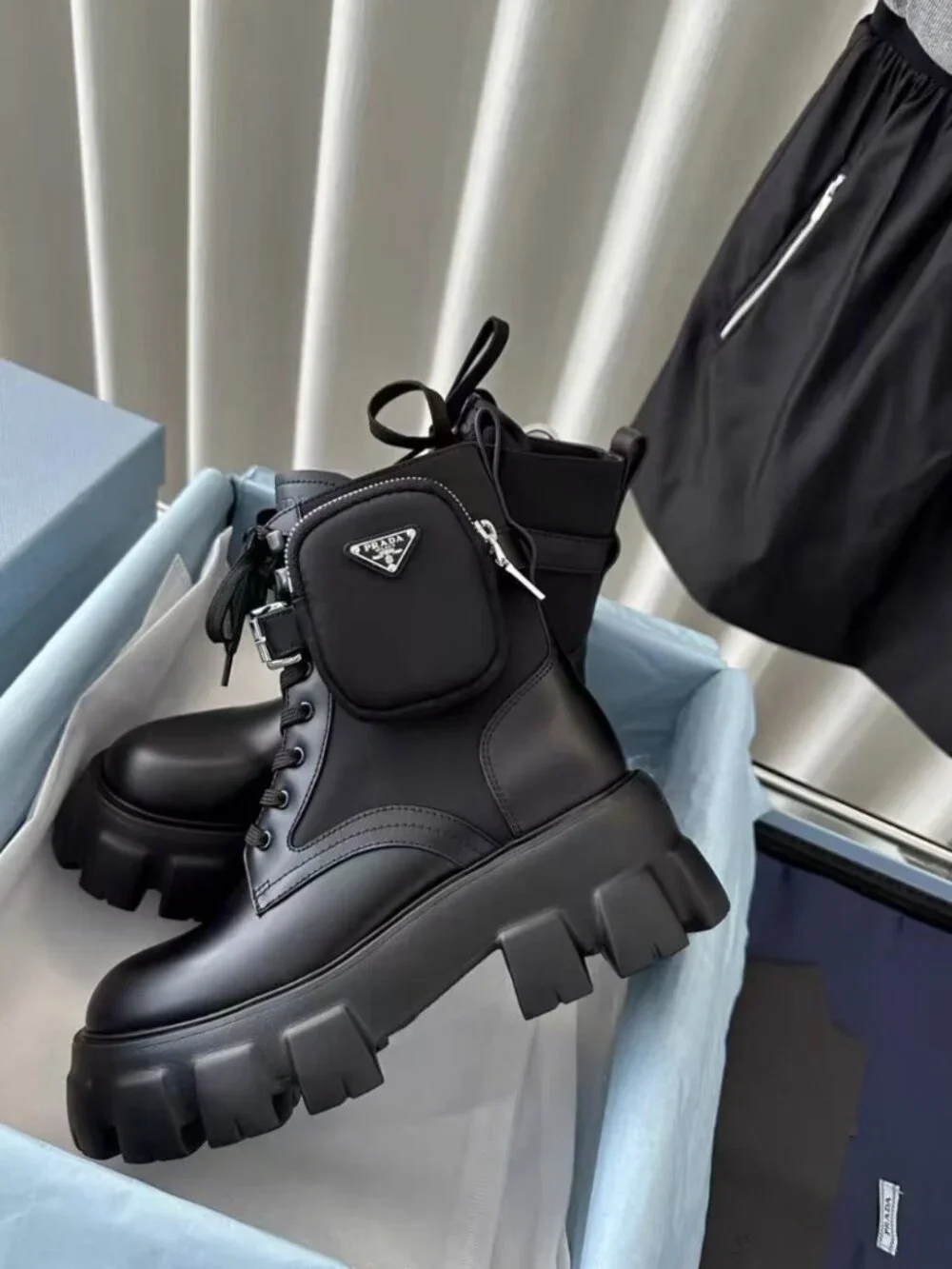 Prada Detachable Pocket Lug Sole Leather Combat Boots